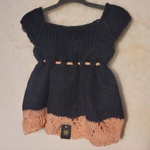 Hand-Knit Black and Peach Short Sleeve Sweater Dress